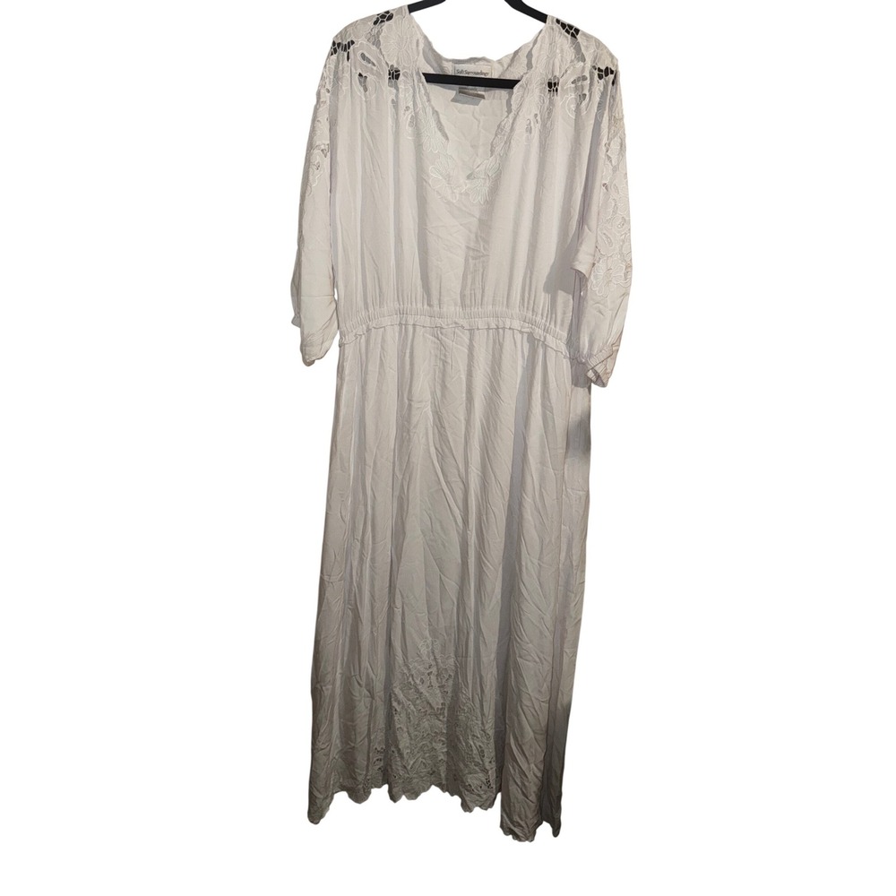 Soft Surroundings White Rayon Eyelet Embroidered Maxi Dress L Elastic Waist Boho